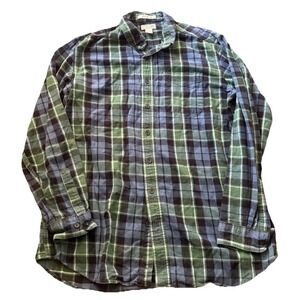 Vintage LL Bean Shirt Mens Large Tall Green Blue Plaid Flannel Button Up 90s